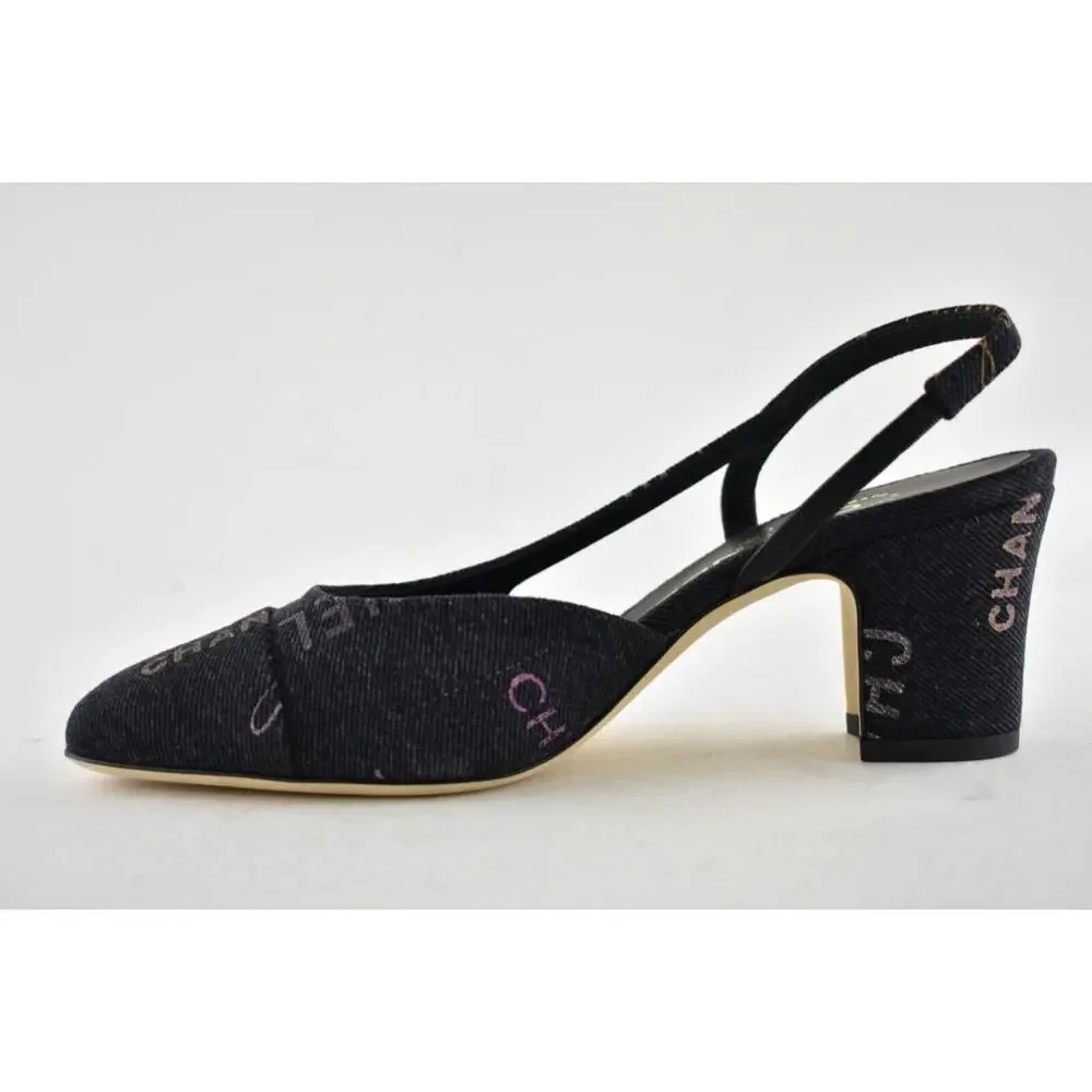 Chanel 22P Mademoiselle Coco Sling Black Grey Denim Slingback Sandal Heel 37.5 - Picture 9 of 12